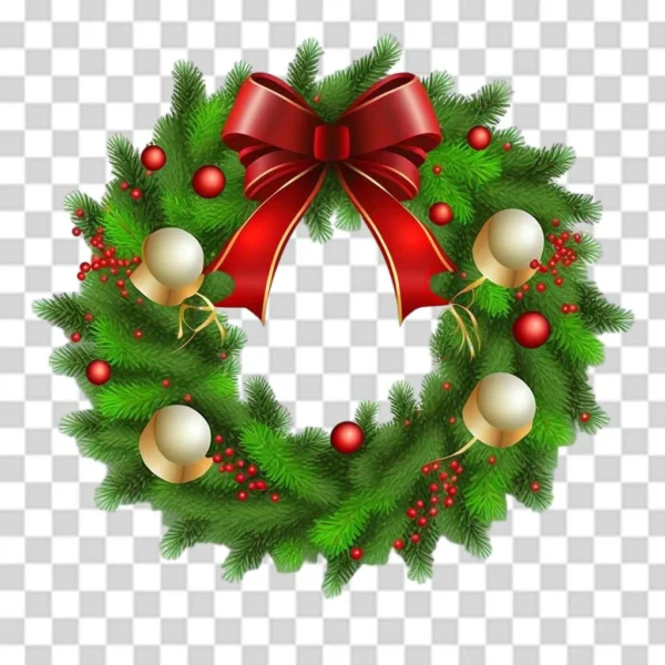 Christmas Wreath with red bow and gold christmas balls Transparent PNG